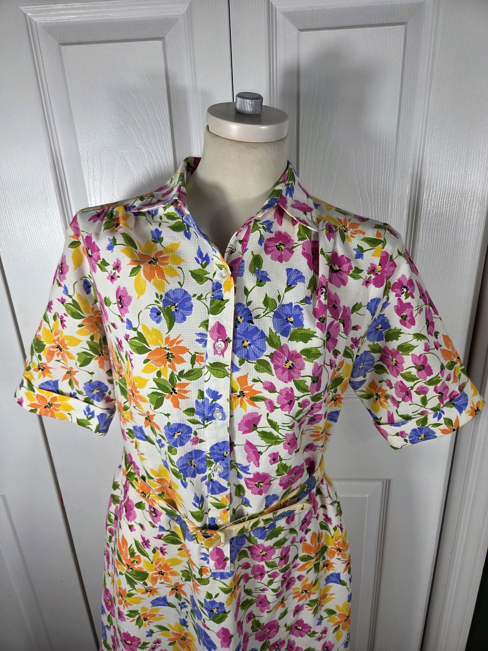 Vintage Margaret Smith Floral Belted Shirt Dress Size 12 Made in USA
